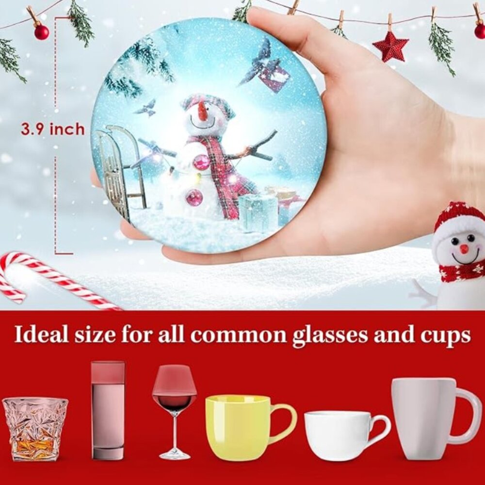 Stone Christmas Coaster, Set of 6, Happy Snowman Winter Landscape - Picture 4 of 7
